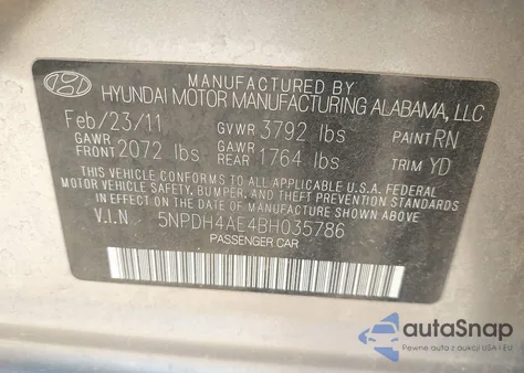 2011 Hyundai Elantra Gls z USA, uszkodzony, nr VIN 5NPDH4AE4BH035786